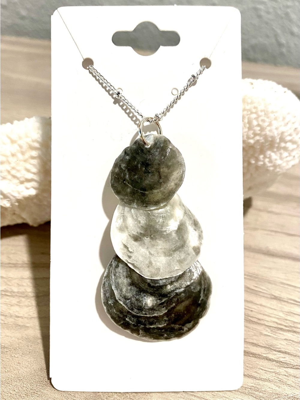 135. Layered Sanibel island jingle Shell Pendant Necklace in Gray and White